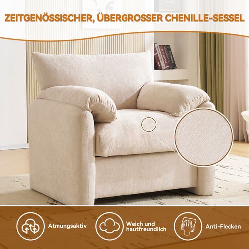 Fauteuil En Chenille Moderne Avec Accoudoirs Rembourrés, Beige