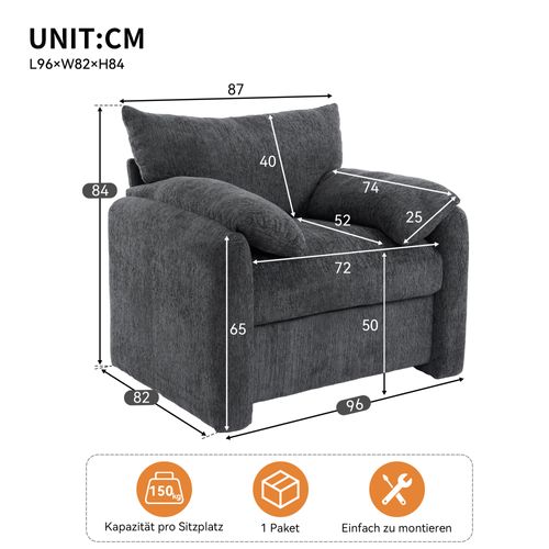 Fauteuil En Chenille Moderne Avec Accoudoirs Rembourrés, Gris