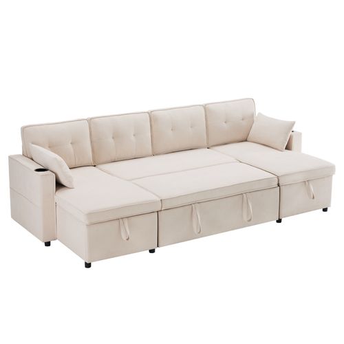 Canapé Lit En U Avec Rangements, Porte-gobelets Et Coussins s, Beige