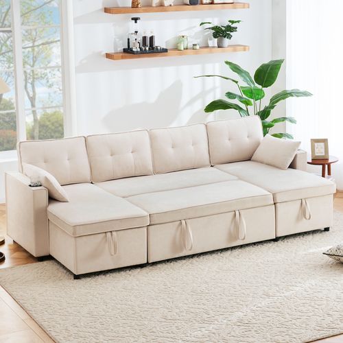 Canapé Lit En U Avec Rangements, Porte-gobelets Et Coussins s, Beige