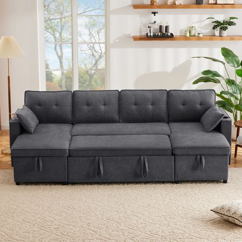 Canapé Lit En U Avec Rangements, Porte-gobelets Et Coussins s, Gris