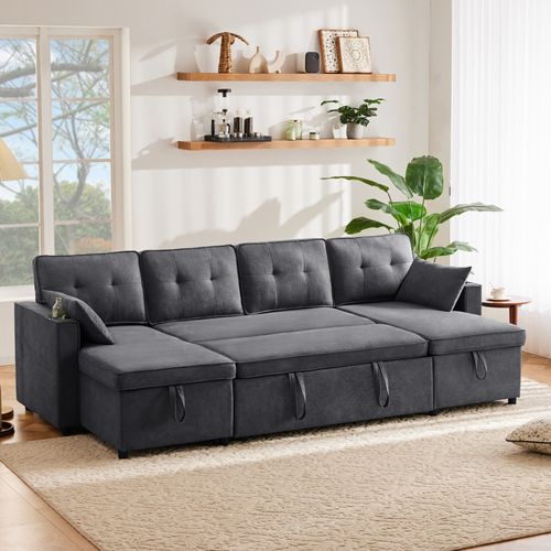 Canapé Lit En U Avec Rangements, Porte-gobelets Et Coussins s, Gris