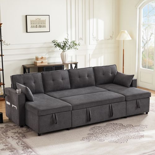 Canapé Lit En U Avec Rangements, Porte-gobelets Et Coussins s, Gris