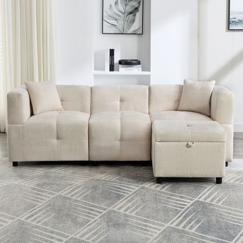 Canapé D'angle 3 Places Avec Pouf De Rangement Et 2 Coussins