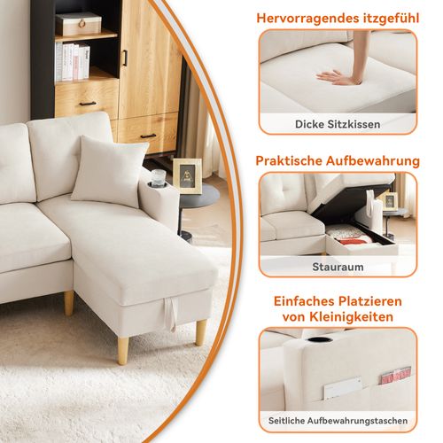 Canapé D’angle 3 Places Avec Méridienne, Coffres, Porte-gobelets Et Coussins, Beige