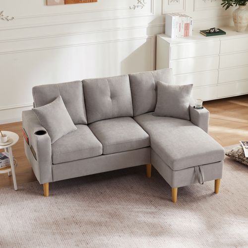 Canapé D’angle 3 Places Avec Méridienne, Coffres, Porte-gobelets Et Coussins, Gris Clair