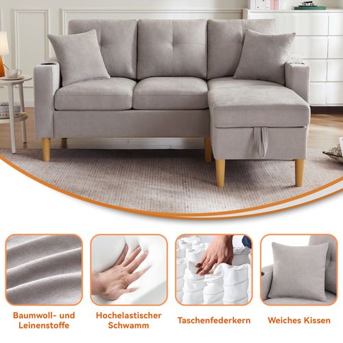 Canapé D’angle 3 Places Avec Méridienne, Coffres, Porte-gobelets Et Coussins, Gris Clair