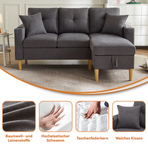 Canapé D’angle 3 Places Avec Méridienne, Coffres, Porte-gobelets Et Coussins, Gris Foncé