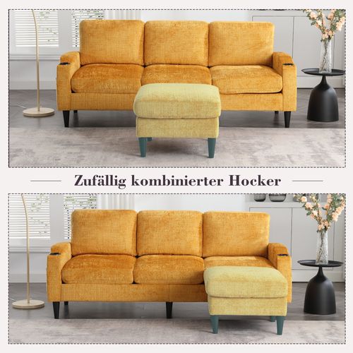 Canapé 4 Places En Velours Avec Pouf Coffre, Accoudoirs Avec Porte-gobelets Et Poches, Jaune