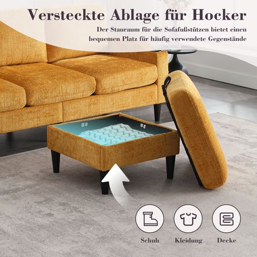 Canapé 4 Places En Velours Avec Pouf Coffre, Accoudoirs Avec Porte-gobelets Et Poches, Jaune