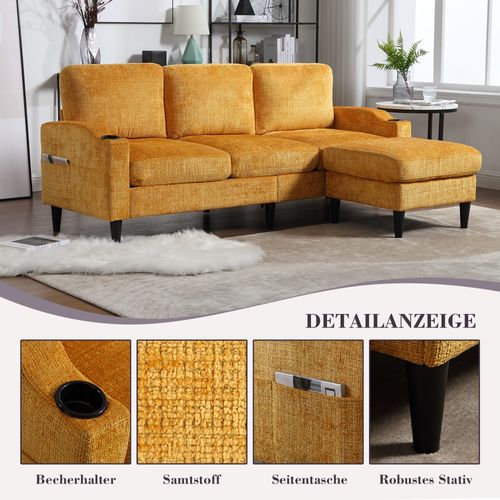 Canapé 4 Places En Velours Avec Pouf Coffre, Accoudoirs Avec Porte-gobelets Et Poches, Jaune