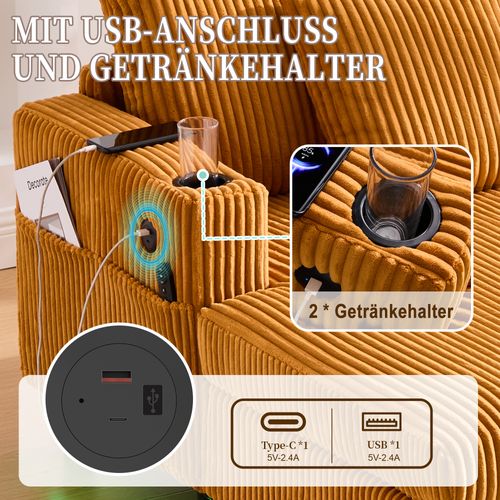 Canapé-lit De Salon Avec LED, Ports USB Et Porte-gobelets – Velours Côtelé Doux, Jaune