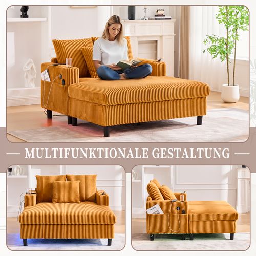 Canapé-lit De Salon Avec LED, Ports USB Et Porte-gobelets – Velours Côtelé Doux, Jaune