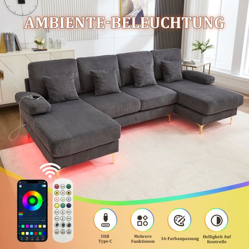 Canapé D’angle En U Avec LED Et Port USB-c – Design Moderne Et Dossier Ergonomique, Gris