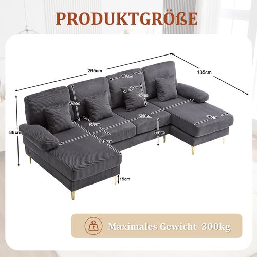 Canapé D’angle En U Avec LED Et Port USB-c – Design Moderne Et Dossier Ergonomique, Gris