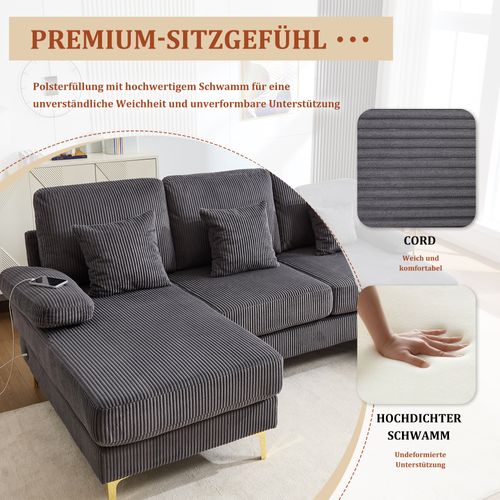 Canapé D’angle En U Avec LED Et Port USB-c – Design Moderne Et Dossier Ergonomique, Gris