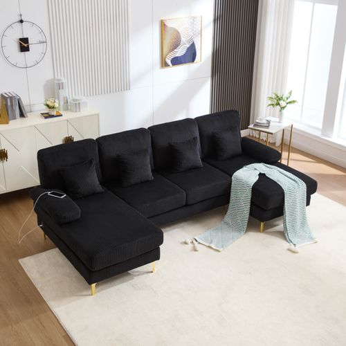 Canapé D’angle En U Avec LED Et Port USB-c – Design Moderne Et Dossier Ergonomique, Noir