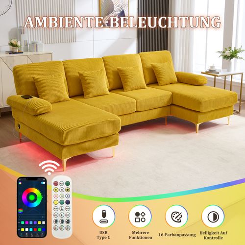 Canapé D’angle En U Avec LED Et Port USB-c – Design Moderne Et Dossier Ergonomique, Jaune