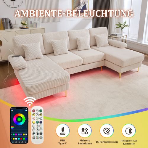 Canapé D’angle En U Avec LED Et Port USB-c – Design Moderne Et Dossier Ergonomique, Beige