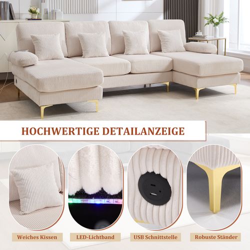 Canapé D’angle En U Avec LED Et Port USB-c – Design Moderne Et Dossier Ergonomique, Beige