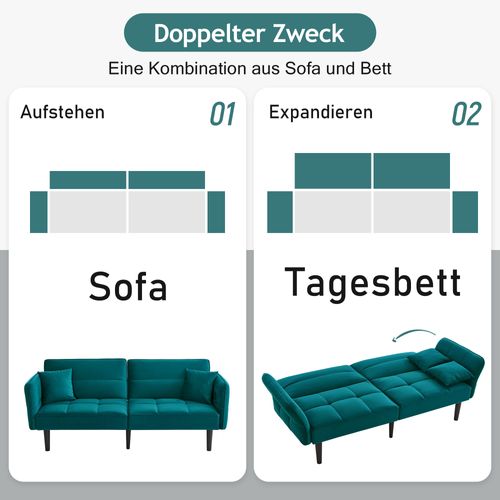 Canapé-lit 2 Places En Velours, Dossier Réglable Et Accoudoirs Pliables, Bleu-vert Antique