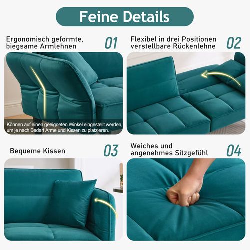 Canapé-lit 2 Places En Velours, Dossier Réglable Et Accoudoirs Pliables, Bleu-vert Antique