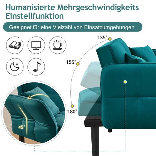 Canapé-lit 2 Places En Velours, Dossier Réglable Et Accoudoirs Pliables, Bleu-vert Antique