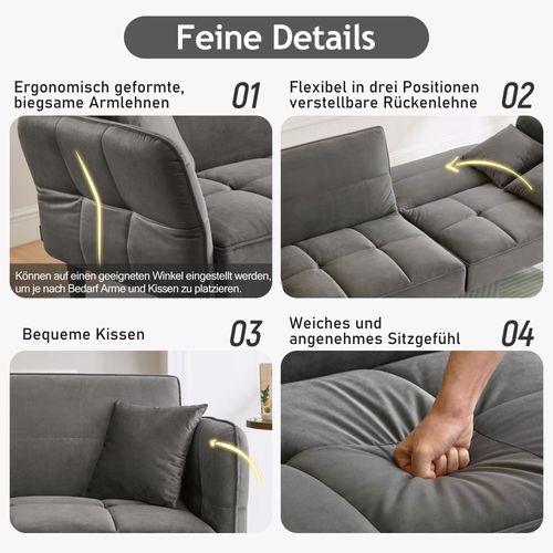 Canapé-lit 2 Places En Velours, Dossier Réglable Et Accoudoirs Pliables, Gris Antique