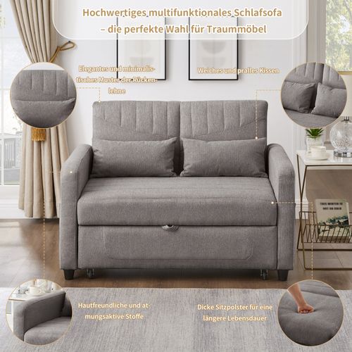 Canapé-lit 2 Places Convertible, Tissu Coton-lin Respirant, Dossier 3 Positions, Gris