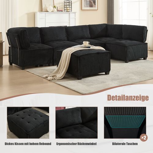 Canapé Modulaire 6 Places En Tissu Côtelé Noir, Forme U/l Ou Convertible, 308 Cm