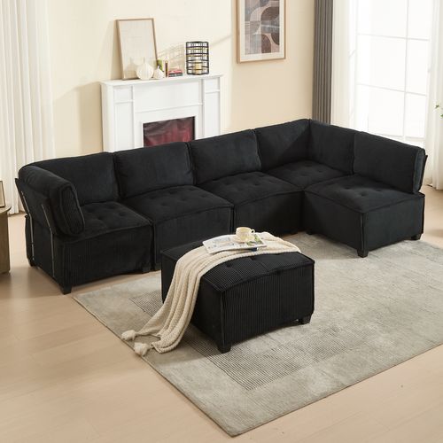 Canapé Modulaire 6 Places En Tissu Côtelé Noir, Forme U/l Ou Convertible, 308 Cm