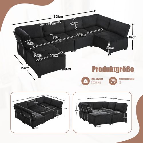 Canapé Modulaire 6 Places En Tissu Côtelé Noir, Forme U/l Ou Convertible, 308 Cm