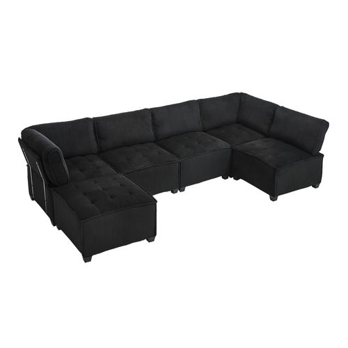 Canapé Modulaire 6 Places En Tissu Côtelé Noir, Forme U/l Ou Convertible, 308 Cm
