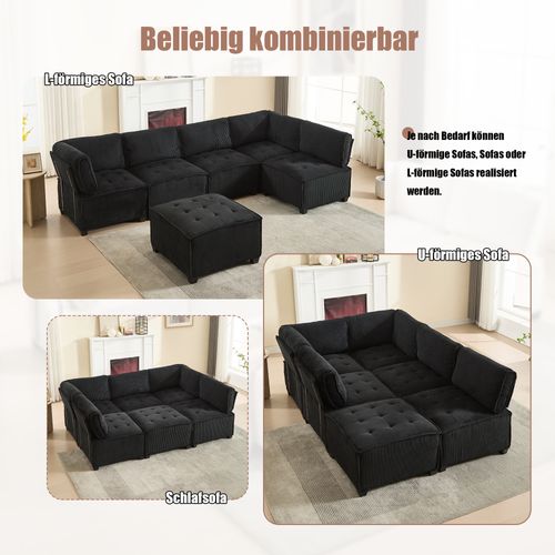 Canapé Modulaire 6 Places En Tissu Côtelé Noir, Forme U/l Ou Convertible, 308 Cm