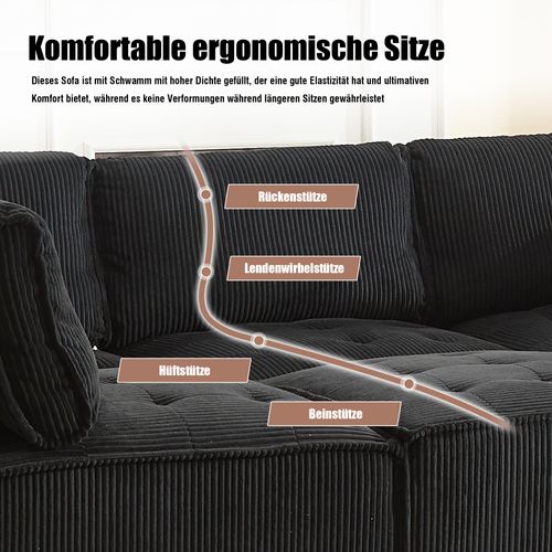 Canapé Modulaire 6 Places En Tissu Côtelé Noir, Forme U/l Ou Convertible, 308 Cm
