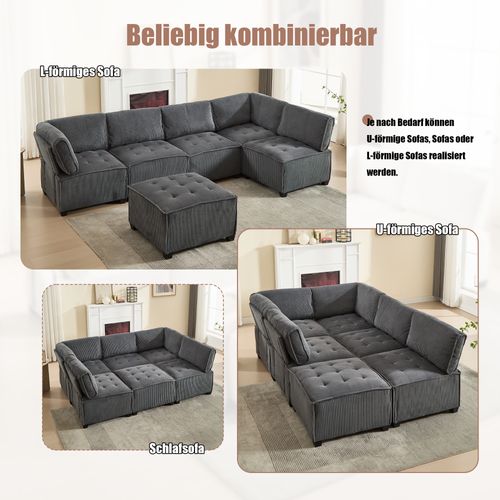 Canapé Modulaire 6 Places En Tissu Côtelé Gris, Forme U/l Ou Convertible, 308 Cm