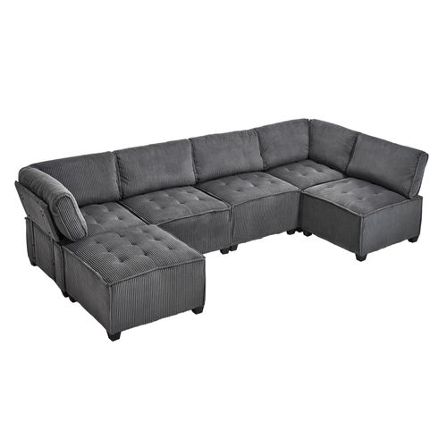 Canapé Modulaire 6 Places En Tissu Côtelé Gris, Forme U/l Ou Convertible, 308 Cm