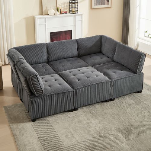 Canapé Modulaire 6 Places En Tissu Côtelé Gris, Forme U/l Ou Convertible, 308 Cm