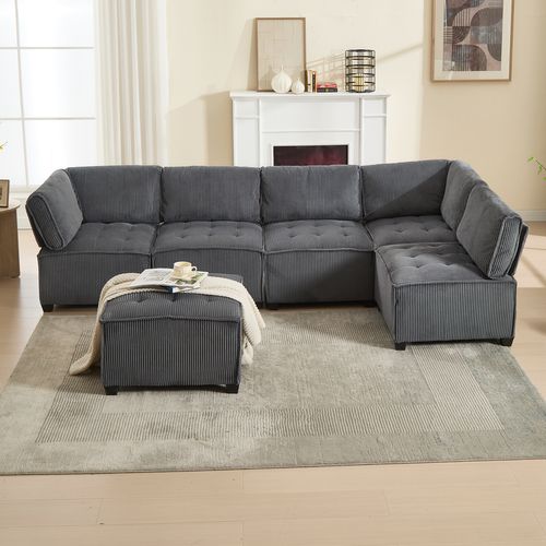 Canapé Modulaire 6 Places En Tissu Côtelé Gris, Forme U/l Ou Convertible, 308 Cm