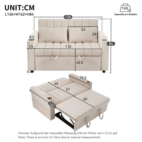 Canapé-lit Convertible 2 Places En Tissu Coton, Dossier Réglable 3 Positions, Beige