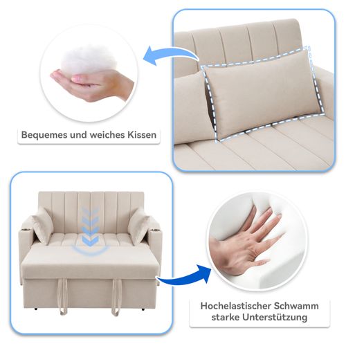 Canapé-lit Convertible 2 Places En Tissu Coton, Dossier Réglable 3 Positions, Beige