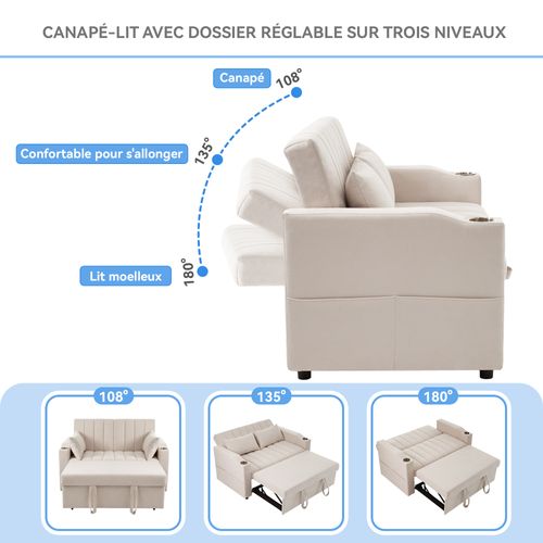 Canapé-lit Convertible 2 Places En Tissu Coton, Dossier Réglable 3 Positions, Beige