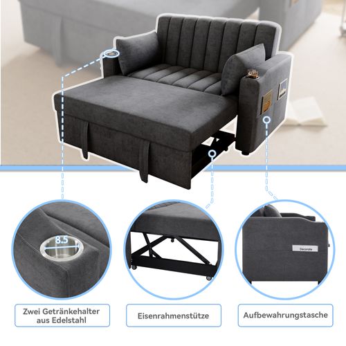 Canapé-lit Convertible 2 Places En Tissu Coton, Dossier Réglable 3 Positions, Gris