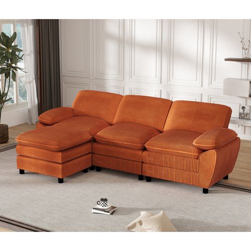 Canapé Modulaire 3 Places En Velours Avec Ottomane Amovible Et Coussins, Style Moderne, Orange