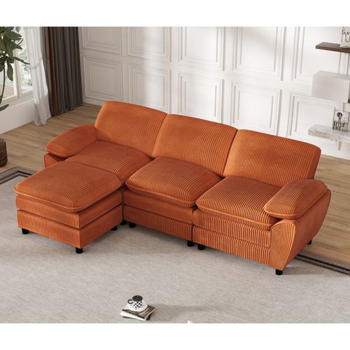 Canapé Modulaire 3 Places En Velours Avec Ottomane Amovible Et Coussins, Style Moderne, Orange