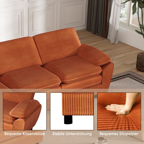 Canapé Modulaire 3 Places En Velours Avec Ottomane Amovible Et Coussins, Style Moderne, Orange