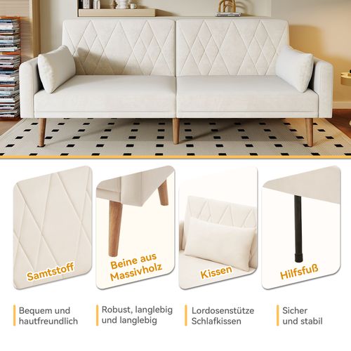 Canapé-lit 2 Places En Velours Avec Dossier Réglable Et Accoudoirs Ajustables, Beige