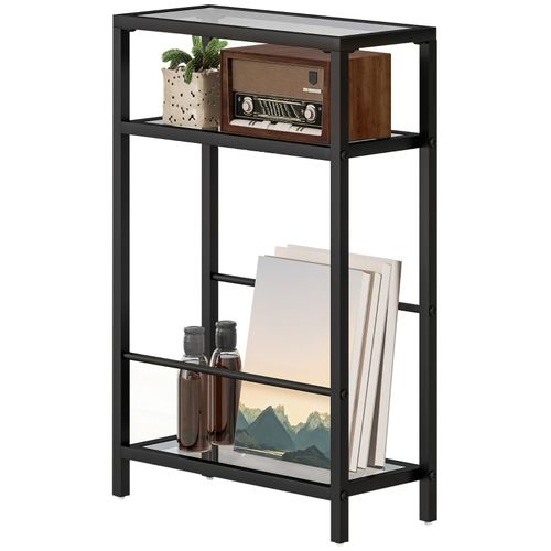 Table D'appoint 3 Niveaux En Verre Trempé, Style Moderne Avec Cadre En Acier Noir, 40 X 18 Cm