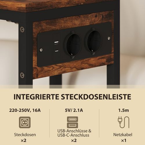 Table D’appoint En C Avec Chargeur USB-c, Rangement Tissu, 46x25x62,5 Cm, Bois Rustique