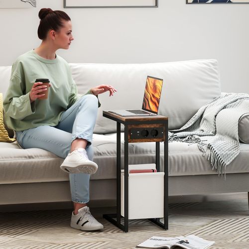 Table D’appoint En C Avec Chargeur USB-c, Rangement Tissu, 46x25x62,5 Cm, Bois Rustique